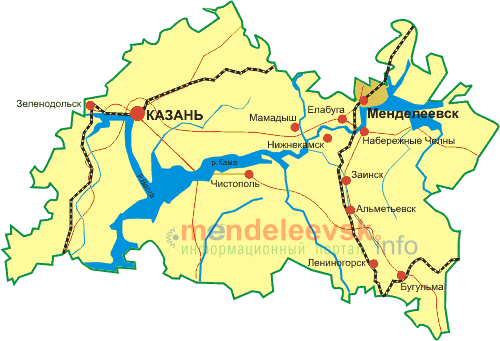 Город Менделеевск на карте республики Татарстан